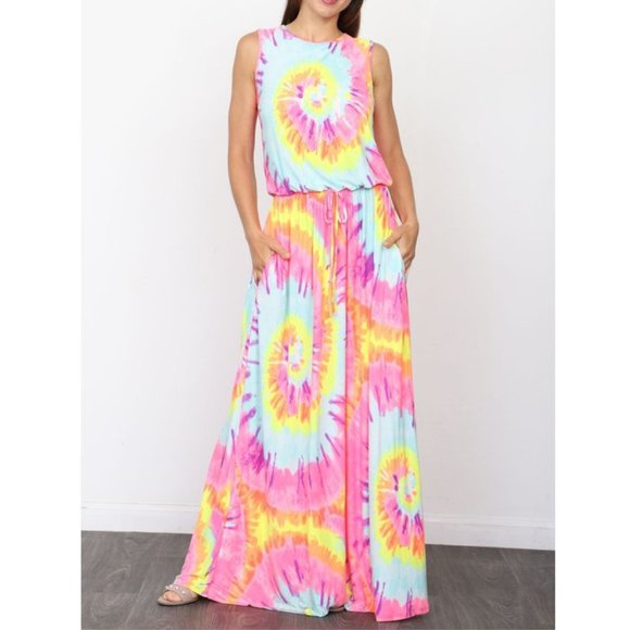 Plus Size Neon Pink Tie Dye Maxi Dress - Picture 3 of 6